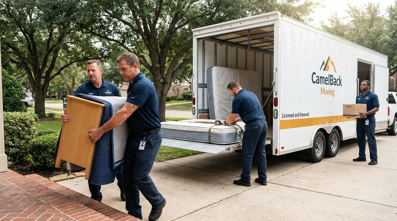 Crew loading residential truck for cross-state move from Lutcher, LA