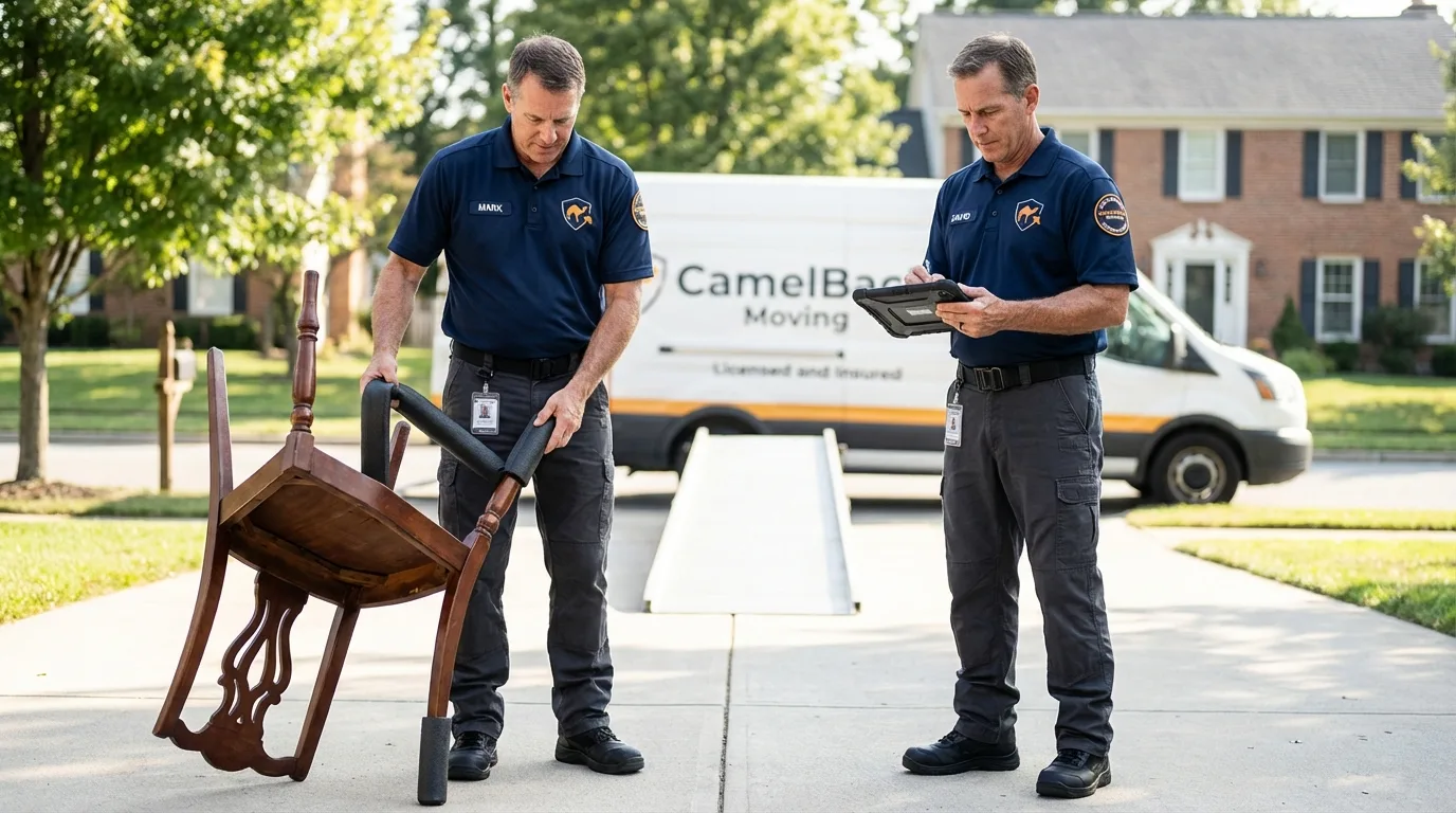 Movers inspecting furniture for damage prevention before loading in Lutcher, LA