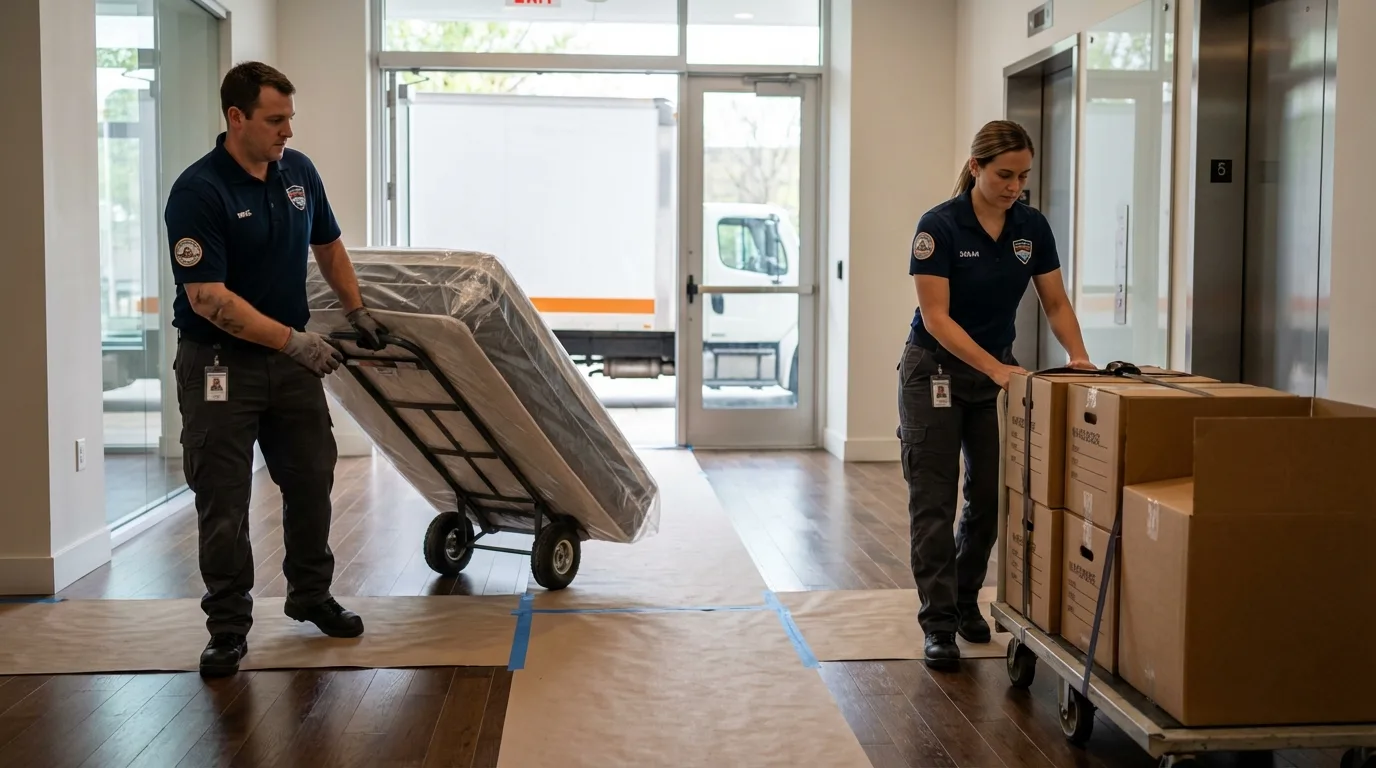 Professional apartment movers loading elevator in Lutcher, LA
