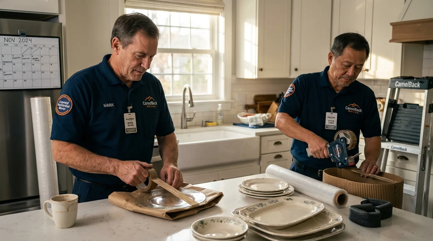 Professional crew packing kitchen dishware in Lutcher, LA